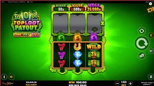 Tampilan visual slot TopLoot Payout LineNPay dengan tema harta karun dan grid 3x3